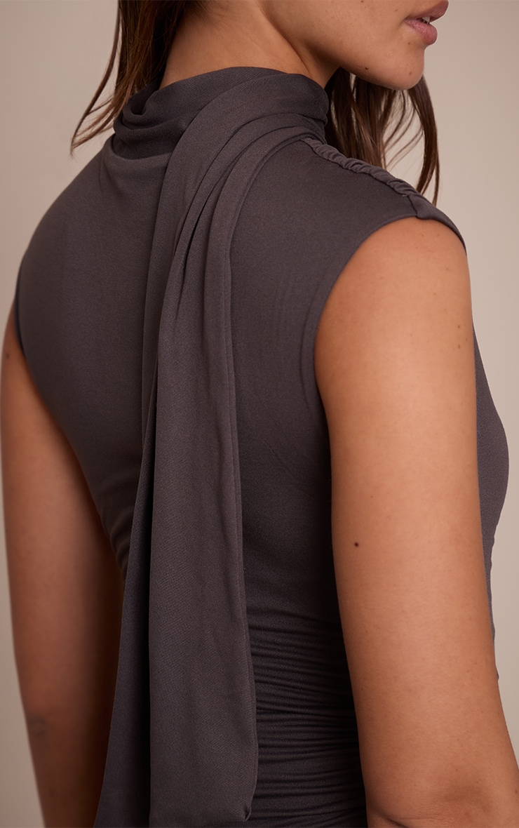 Charcoal Scarf Detail Ruched Bodycon Dress image 4