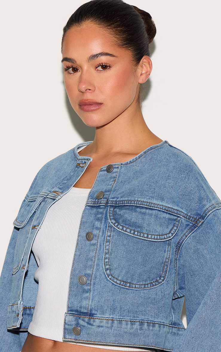 Mid Blue Wash Round Neck Crop Denim Jacket image 4