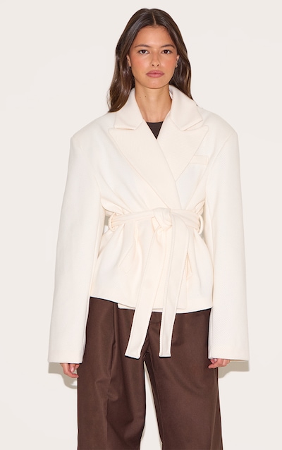 Cream Tie Waist Wool Look Single Breasted Tie Up Blazer