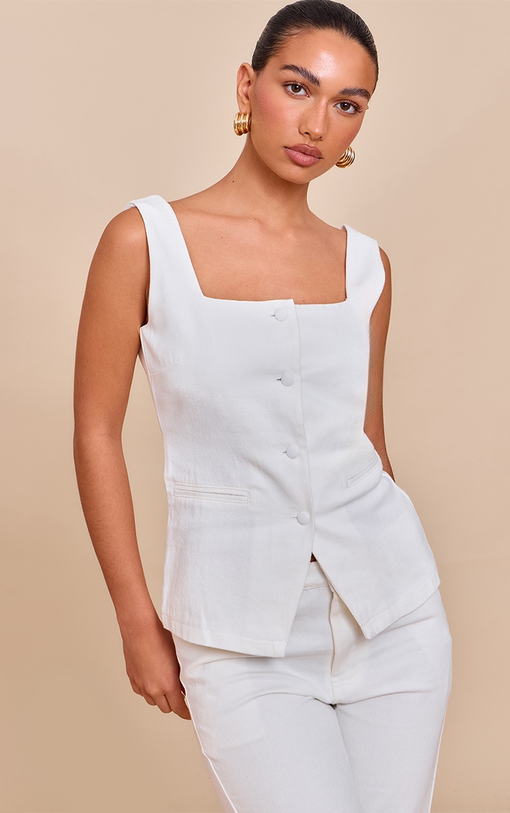 White Tie Back Covered Button Denim Top image 1