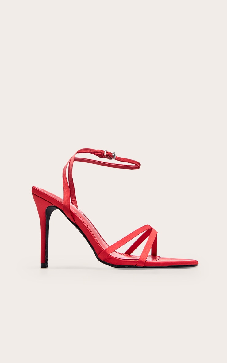 Red Satin Round Toe Cross Over Strap Barely There Heeled Sandals