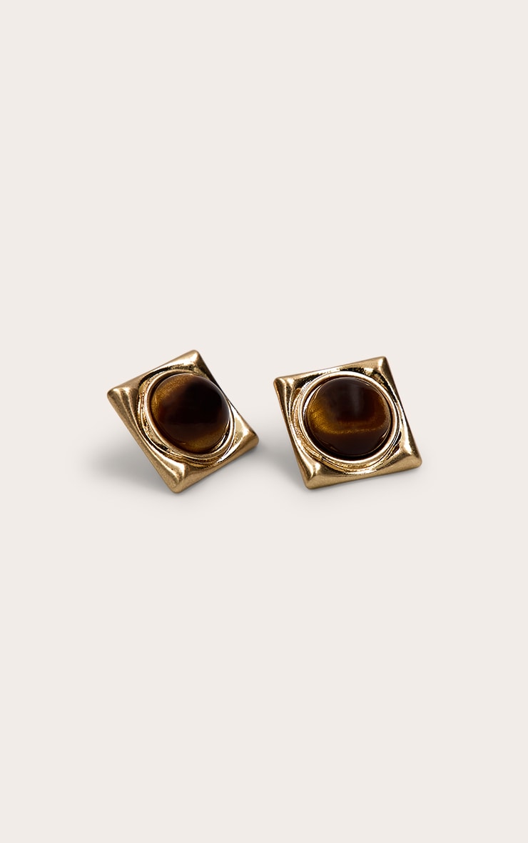 Gold Smooth Smokey Brown Resin Square Earrings image 3
