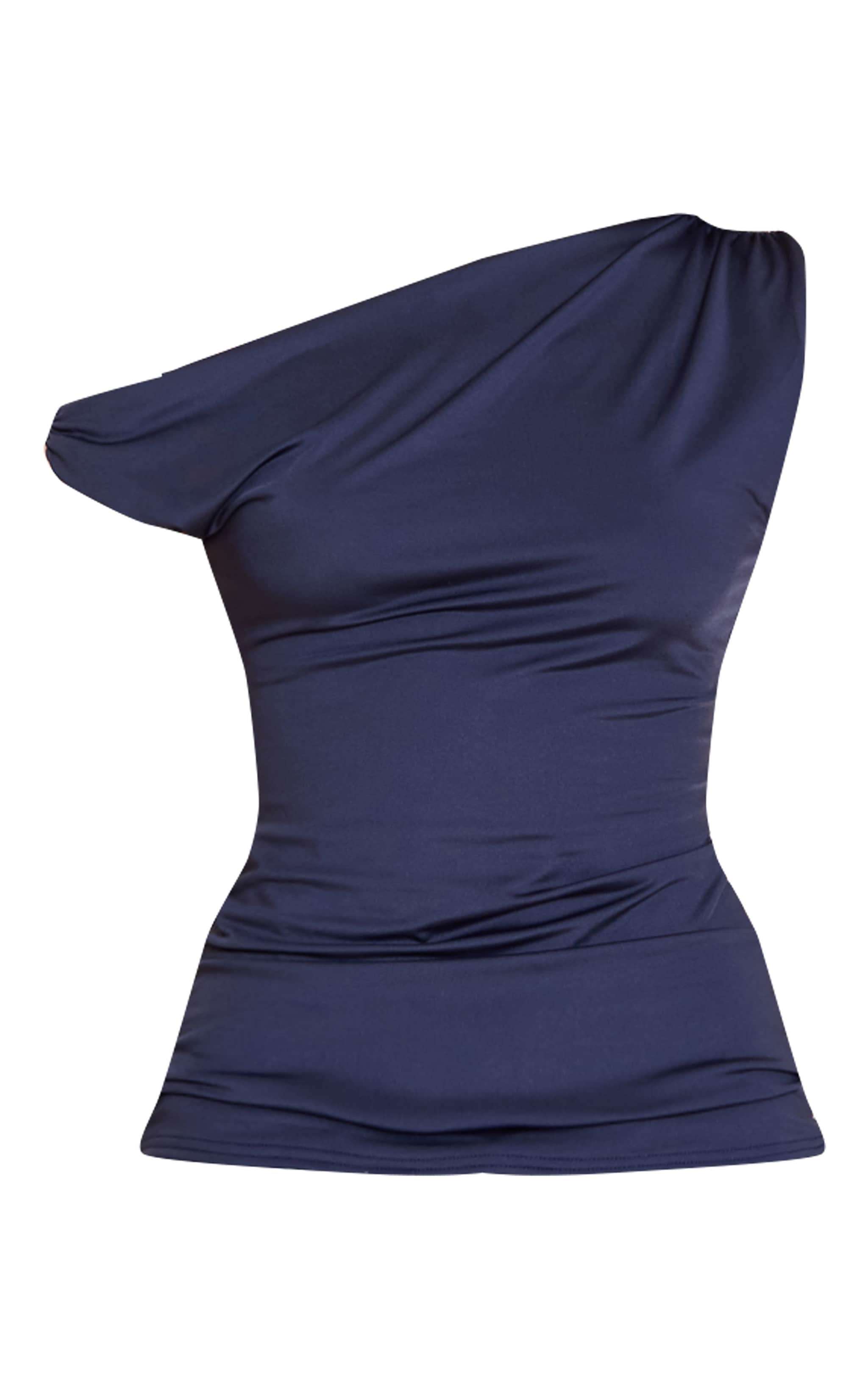 Top long asymétrique moulant bleu marine à détails froncés image 5
