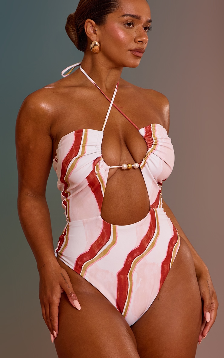 Shape White Marble Print Beaded Halterneck Swimsuit image 3