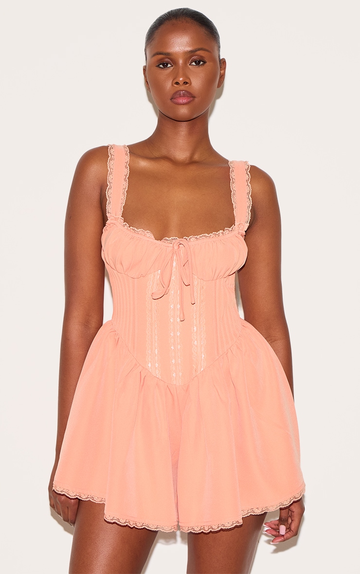 Apricot Woven Lace Detail Strappy Romper image 1
