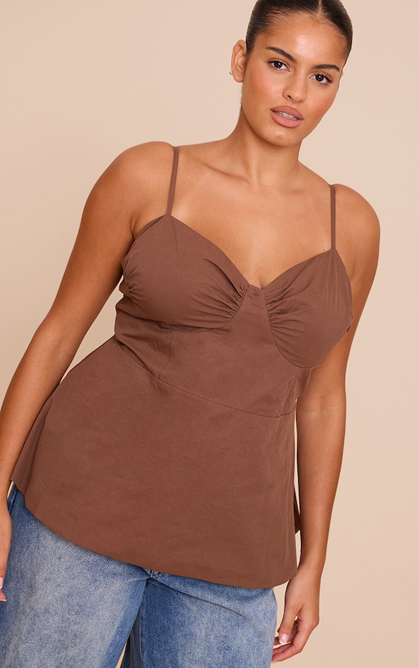 Plus Chocolate Cotton Strappy Peplum Cami Top