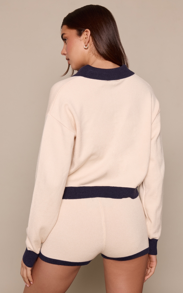 Cream Contrast Collar Knitted Sweater  image 2