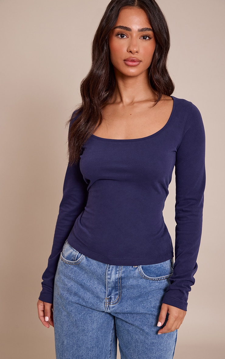 Petite Dark Indigo Soft Cotton Scoop Neck Long Sleeve Top