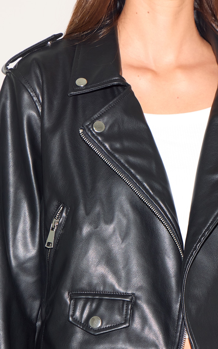 Black Basic Faux Leather Pocket Detail Biker Jacket image 4