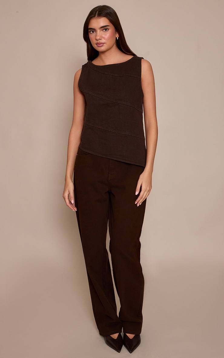 Chocolate Asymmetric Seam Detail Sleeveless Denim Top image 3