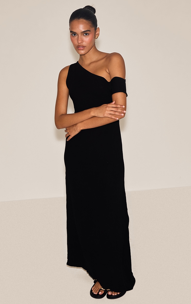 Robe longue asymétrique tissée texturée noire à épaule unique image 3