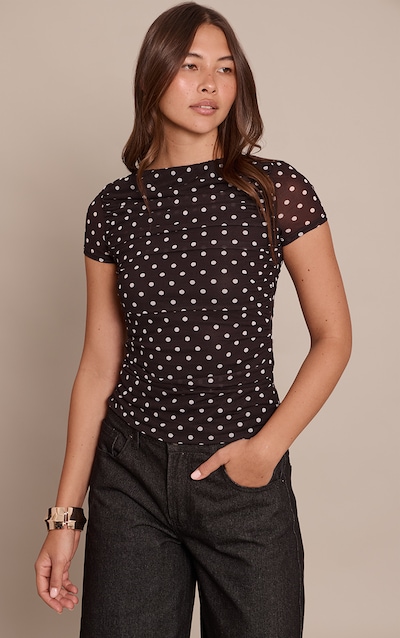 Black Polka Dot Mesh Fitted Short Sleeve Top