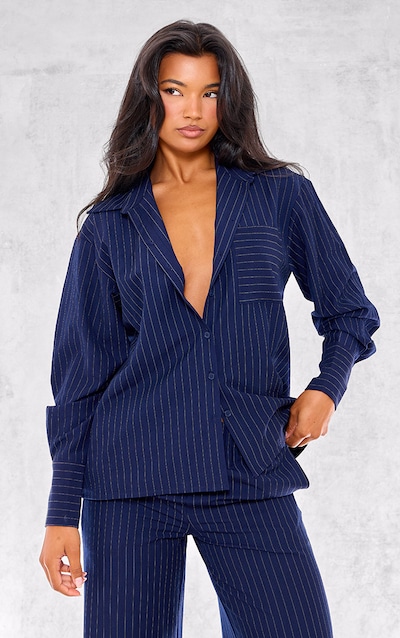 Navy Woven Pinstripe Oversized Shirt