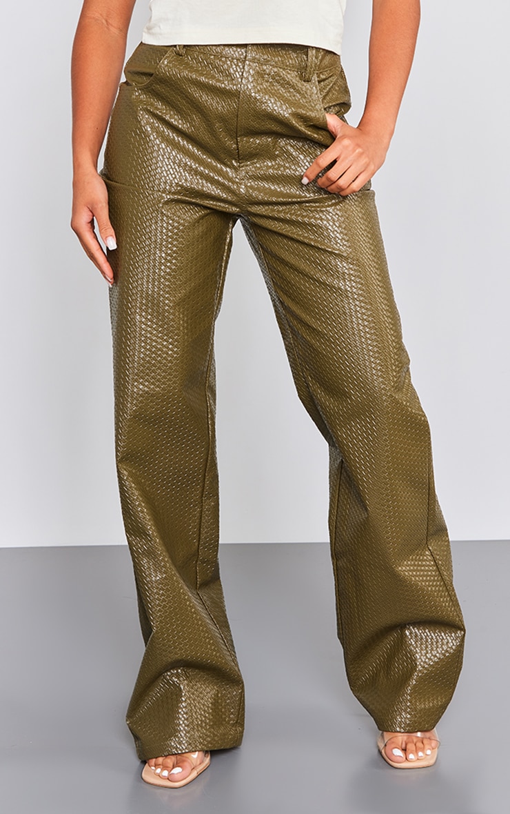 Khaki Textured Faux Leather Straight Leg Pant image 2