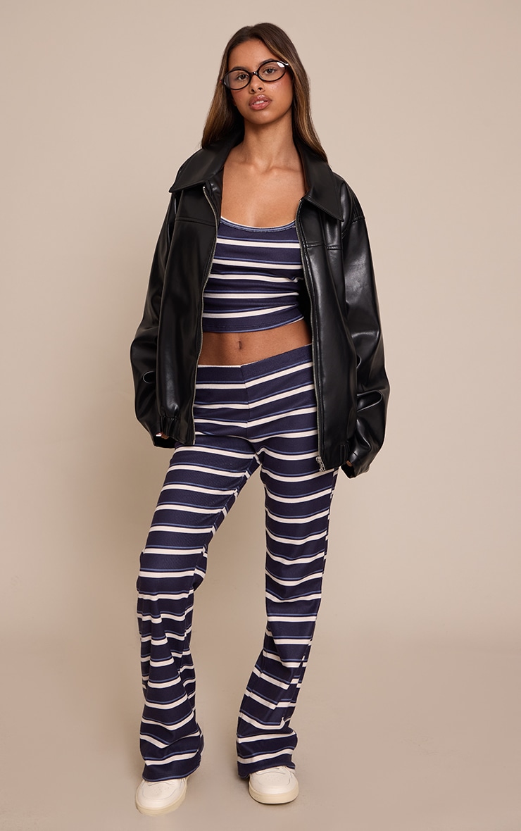 Petite Navy Stripe Mid Rise Flare Pants