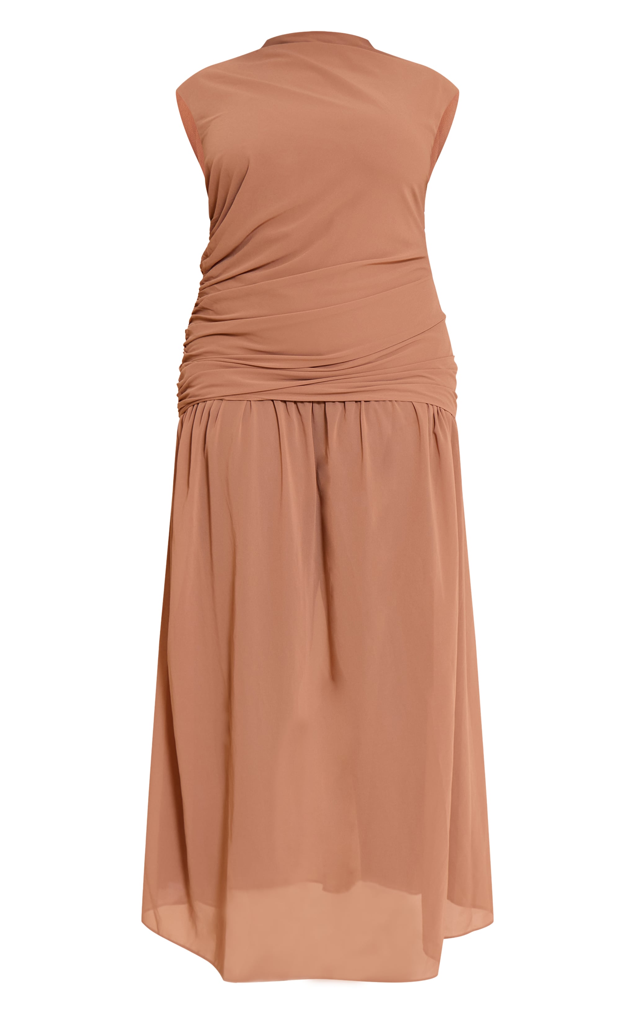 Plus Chocolate Chiffon Ruched Dropped Waist Sleeveless Maxi Dress image 5