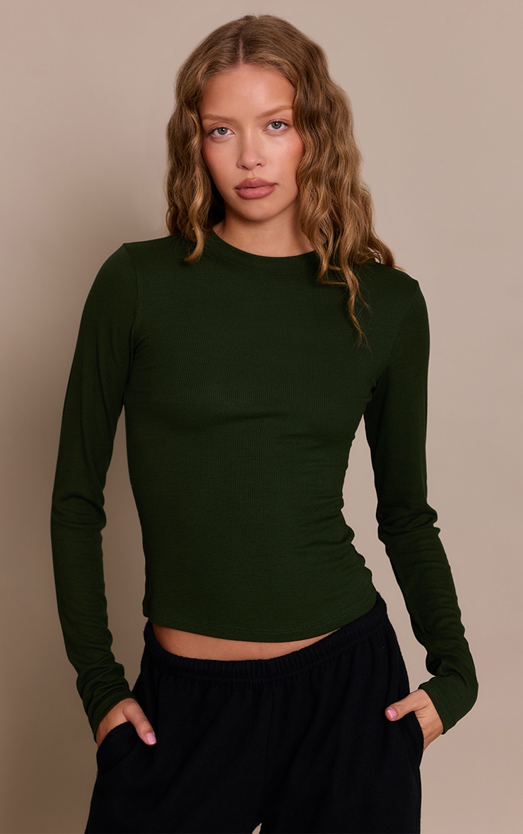 Dark Khaki Soft Rib Crew Neck Long Sleeve Top