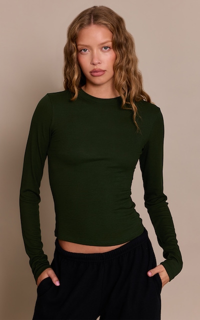 Dark Khaki Soft Rib Crew Neck Long Sleeve Top