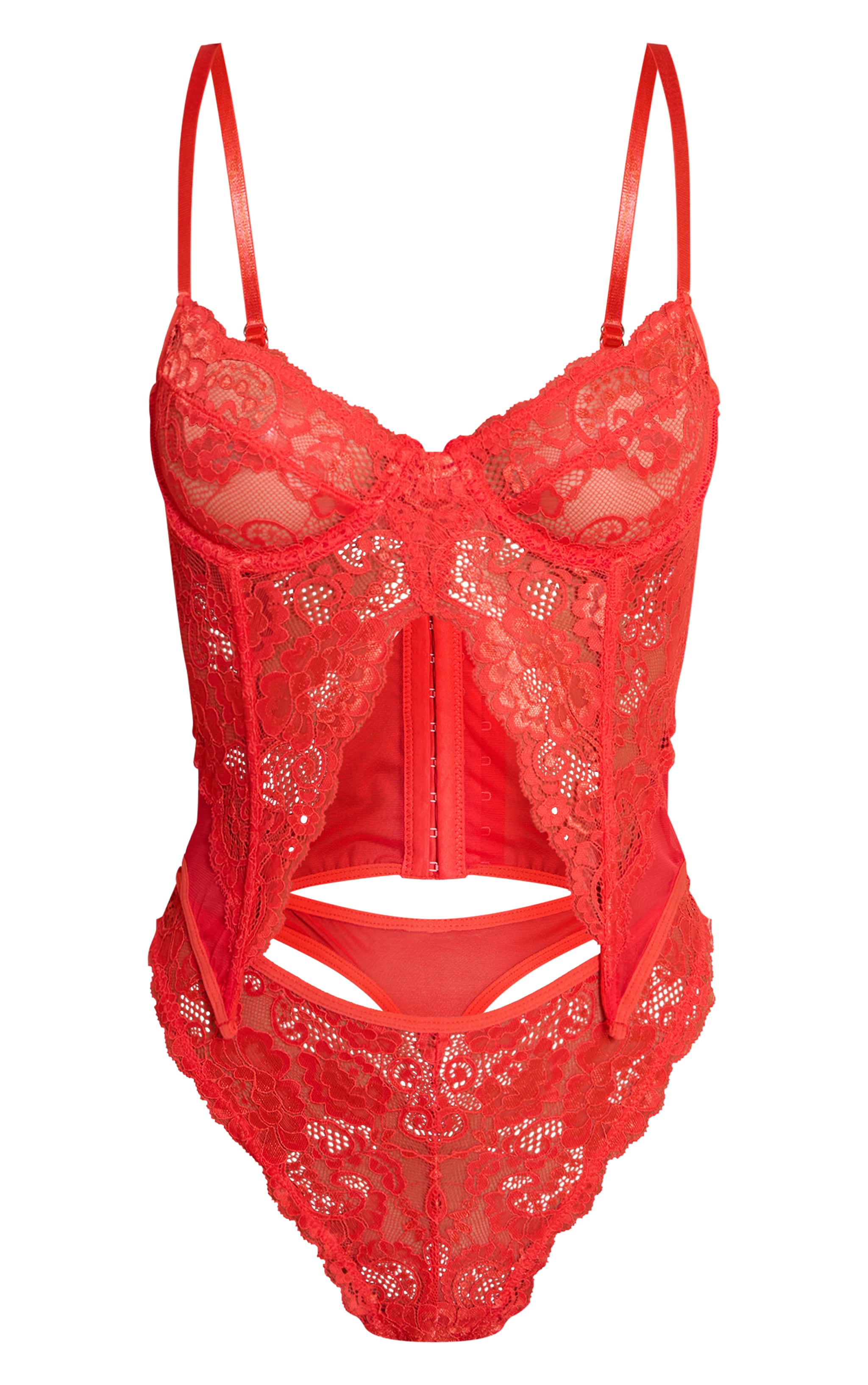 Red Split Front Detail Lace Corset Lingerie Set image 5