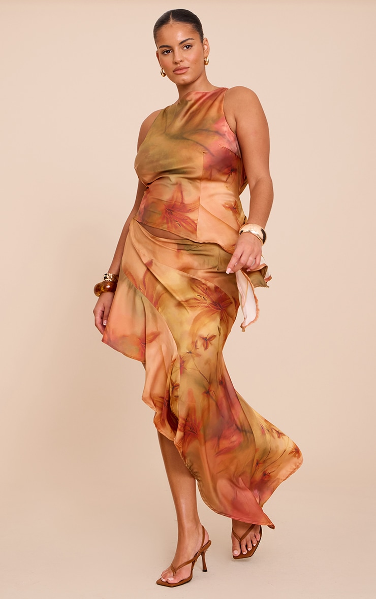 Plus Burnt Orange Printed Satin Asymmetric Ruffle Midi Skirt image 1