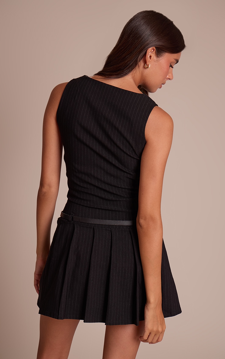 Black Stretch Woven Boat Neck Belted Shift Dress image 2