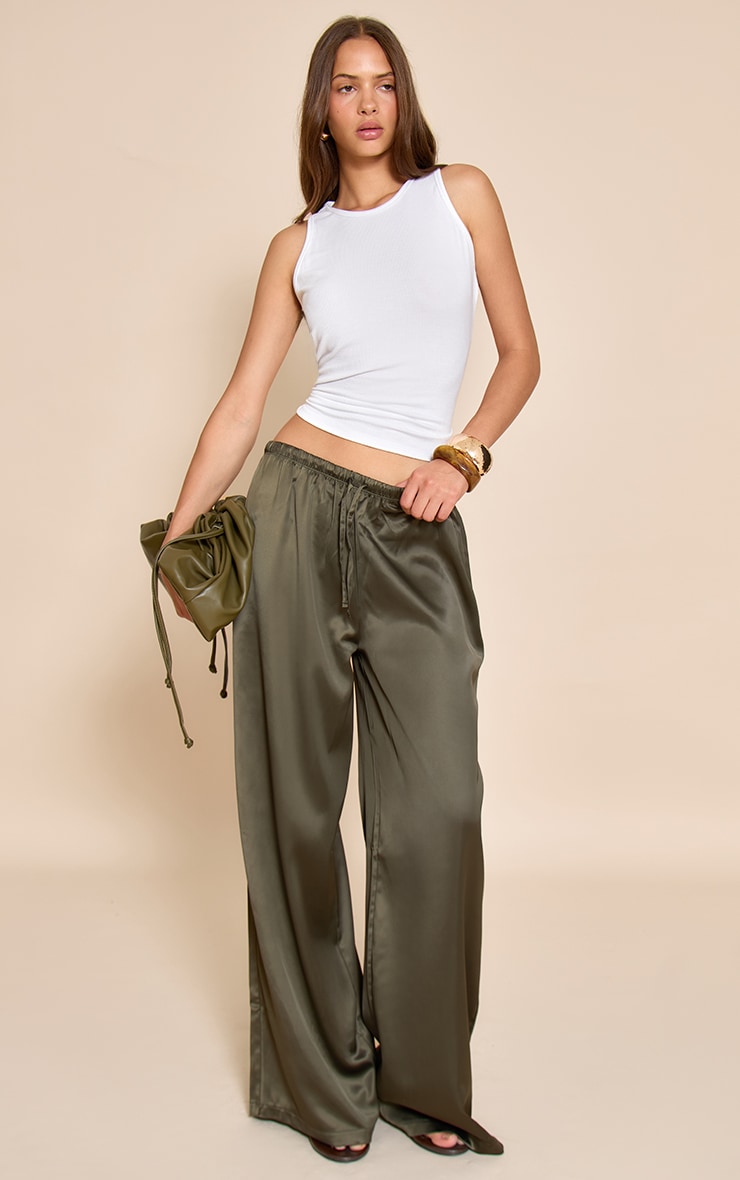 Olive Khaki Satin Wide Leg Drawstring Pants image 3
