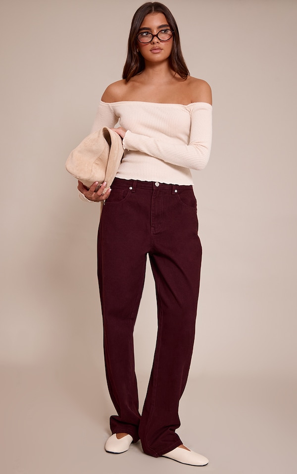 PRETTYLITTLETHING Jean boyfriend bordeaux à taille mi-haute