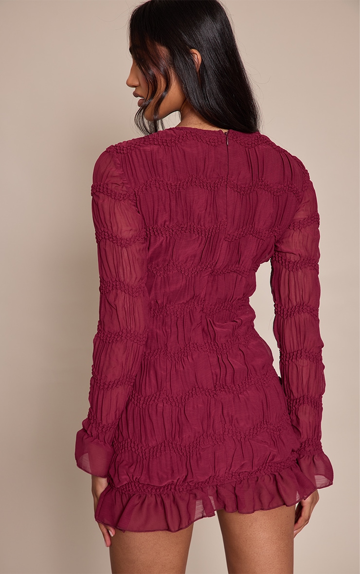 Plum Textured Long Sleeve Crew Neck Mini Dress image 2