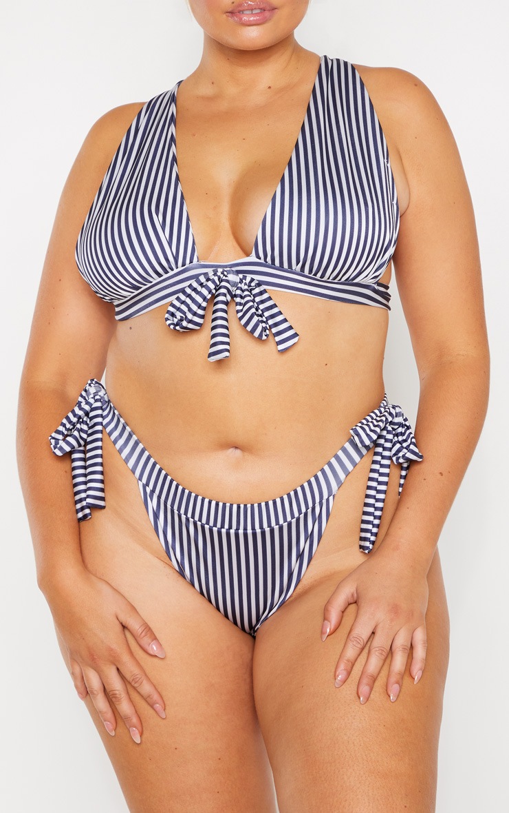 Plus Navy Striped Bow Side Bikini Bottom