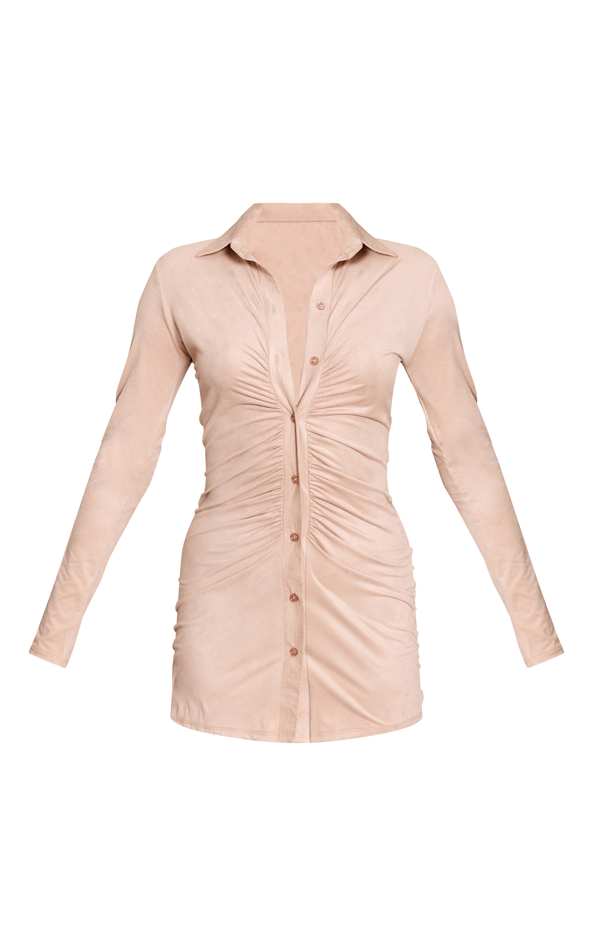 Taupe Faux Suede Long Sleeve Ruched Button Up Mini Dress image 5