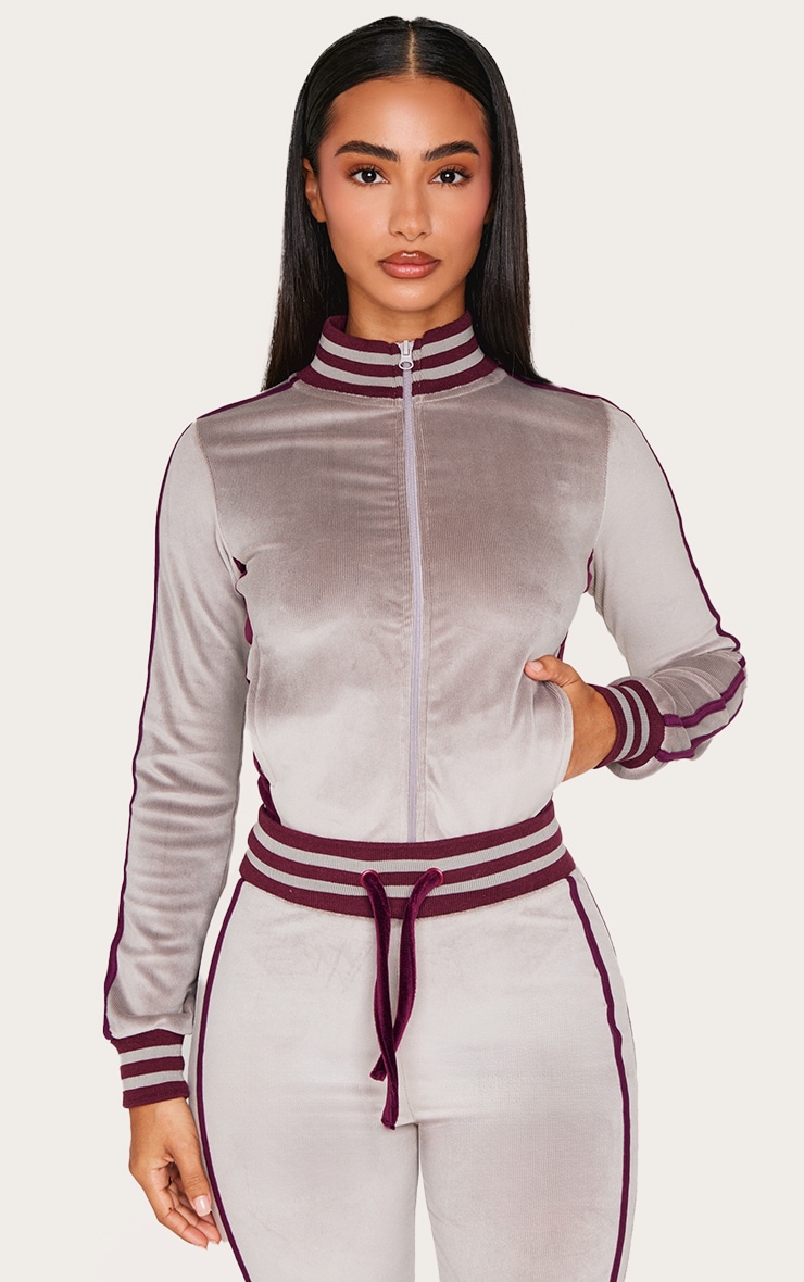 Petite Mauve Contrast Velour Fitted Longline Zip Up Jacket image 1