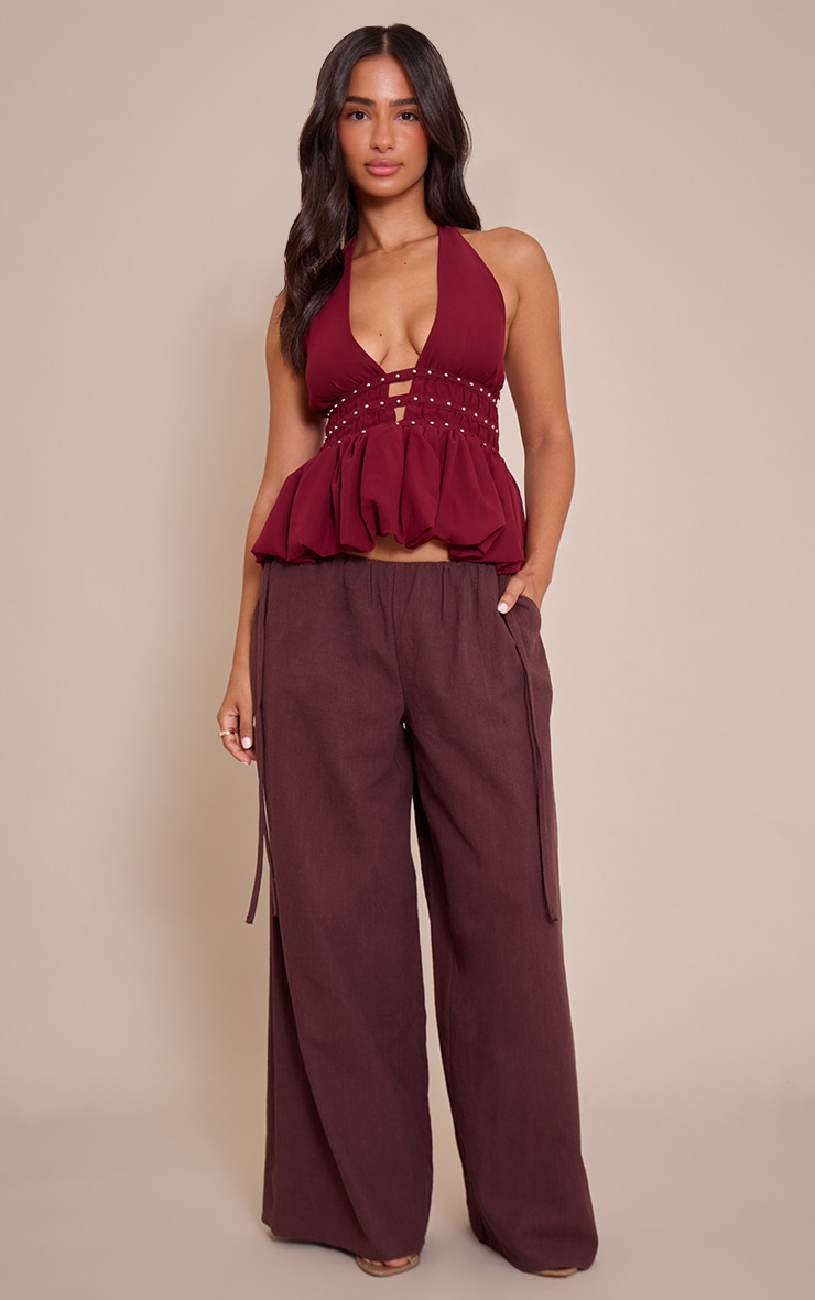Petite Burgundy Stud Detail Ruffle Halterneck Top image 3