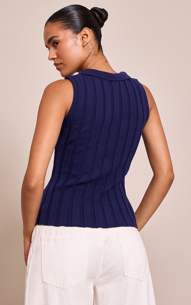 Navy Sleeveless Wide Rib Polo Top image 2