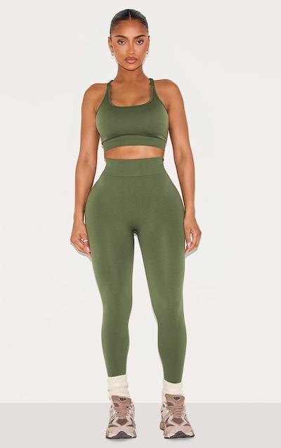 Shape Legging de sport vert forêt sans coutures à taille haute et fronces derrière