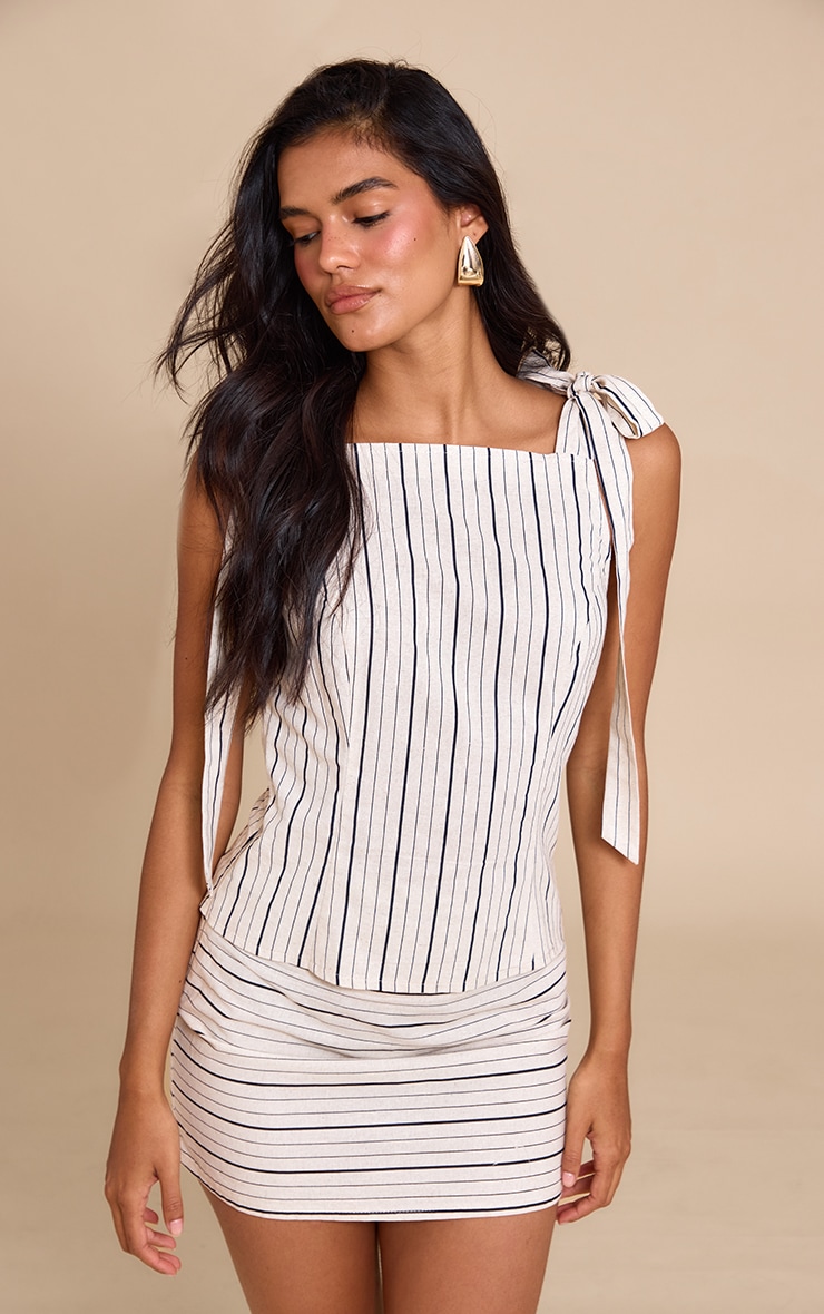 Sand Striped Linen-Blend Shoulder Tie Detail Layered Bodycon Dress image 4