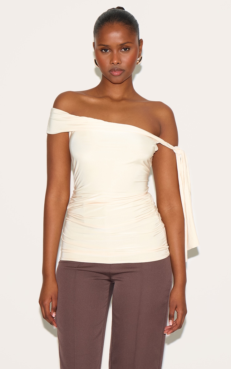 Butter Yellow Double Layer Slinky Tie Shoulder Bardot Long Top image 1