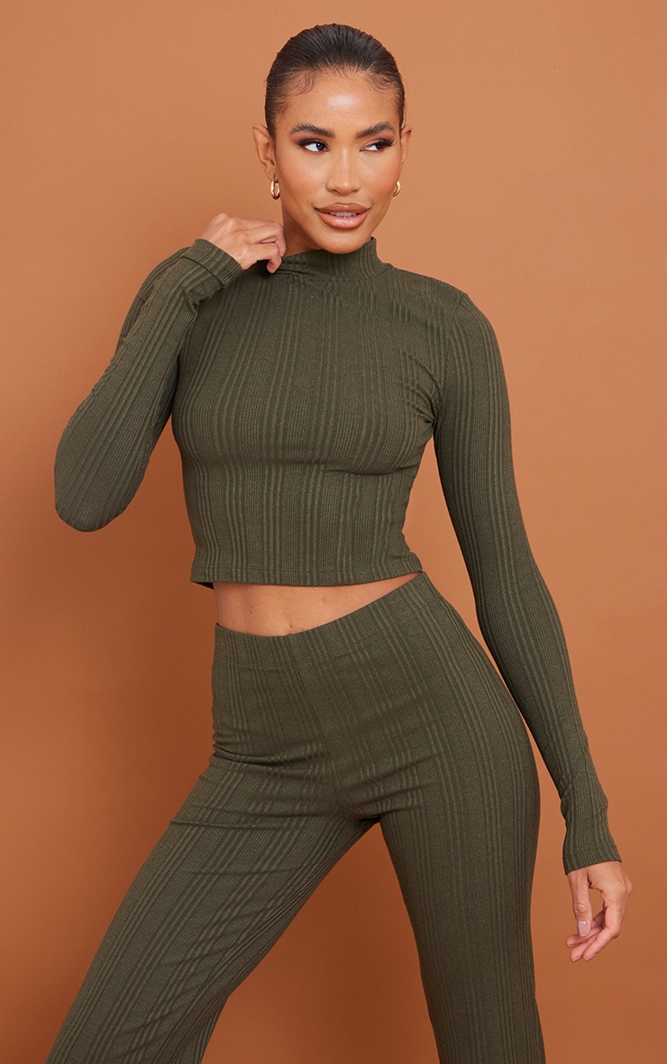 Khaki Ribbed High Neck Detail Crop Top