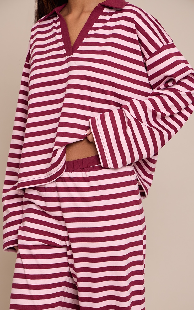 Petite Burgundy Striped Collared V Neck Top image 4