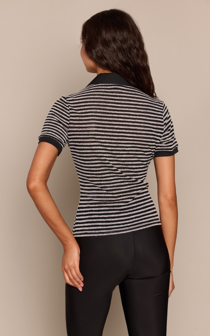 Black Textured Stripe Rugby Style Top image 2