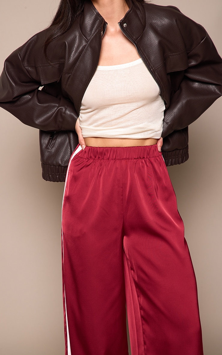 Red Satin Contrast Stripe Wide Leg Trousers image 4