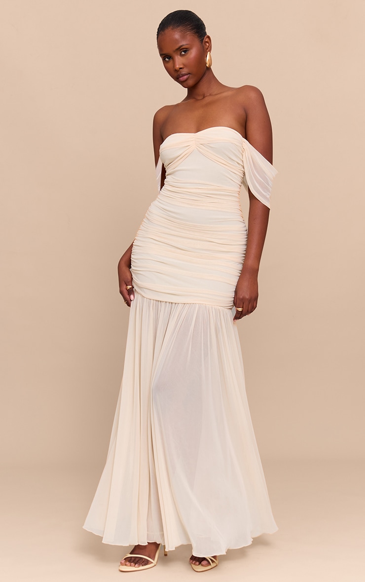 Cream Mesh Bardot Ruched Detail Maxi Dress image 3
