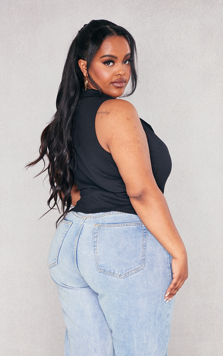 Plus Black Ribbed Sleeveless Shirt image 2