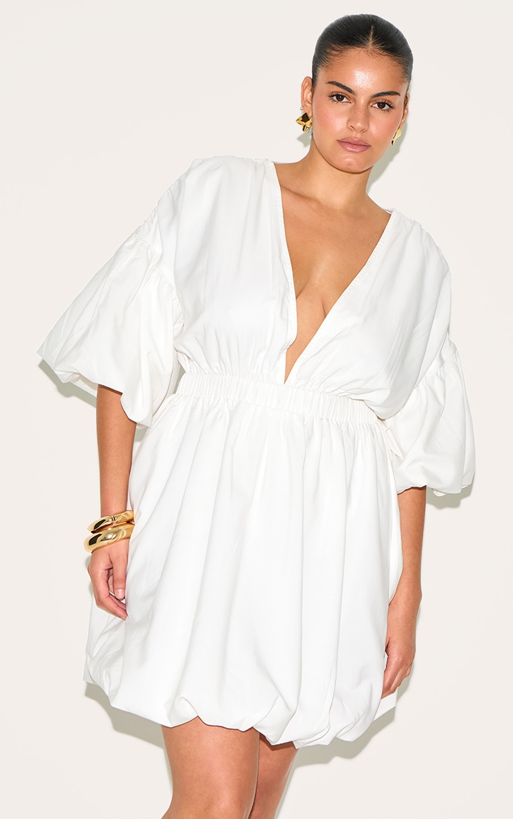 Plus White Puff Sleeve Puffball Hem Dress image 1