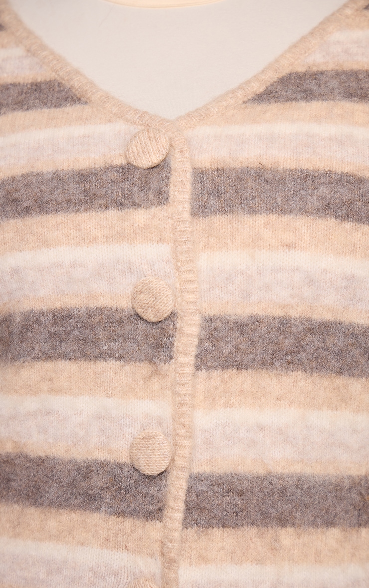Plus Beige Striped Brushed V Neck Covered Button Knitted Cardigan image 4