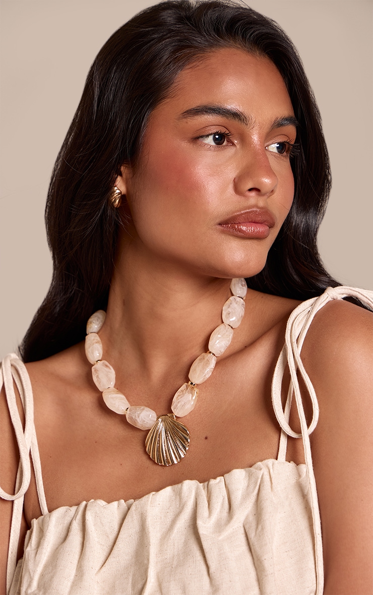 Gold Shell Cream Chunky Resin Statement Necklace