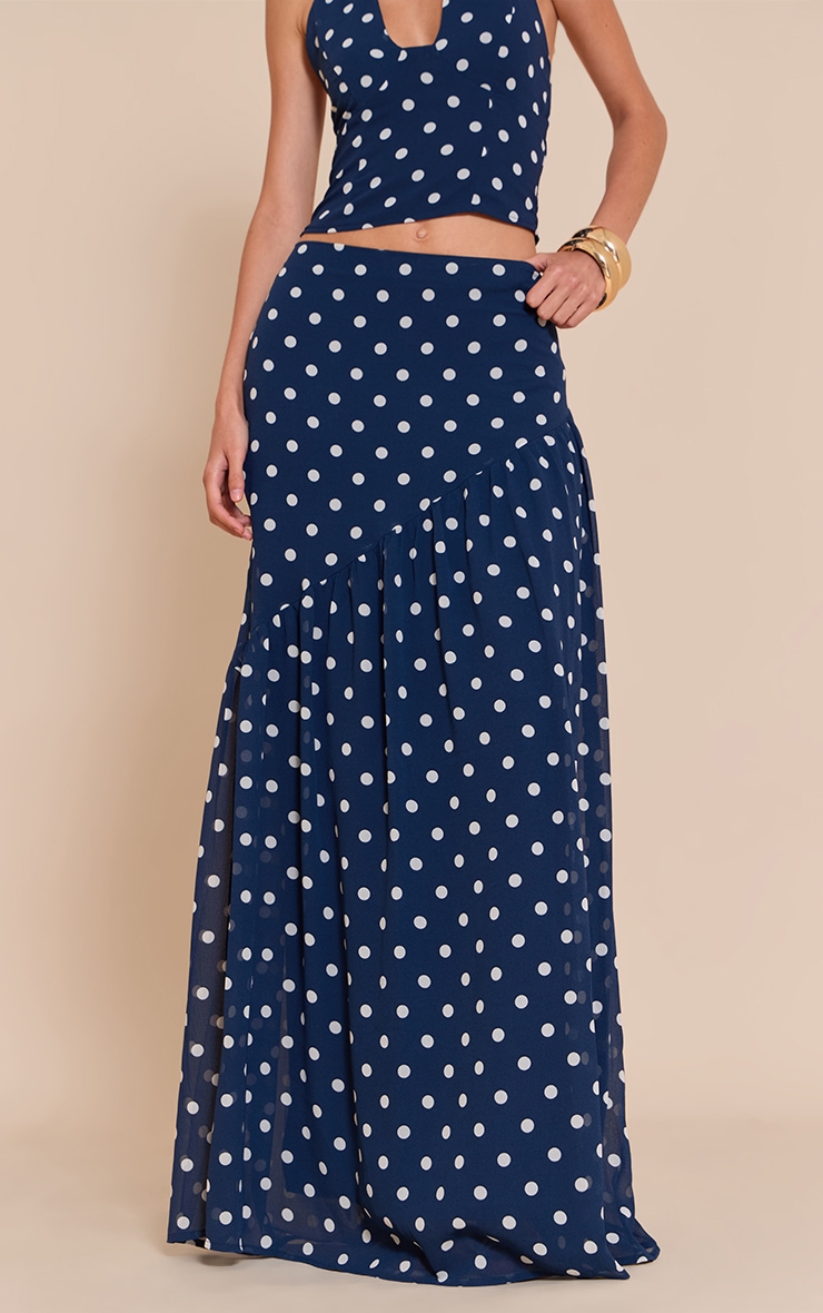 Navy Polka Dot Asymmetric Maxi Skirt image 2