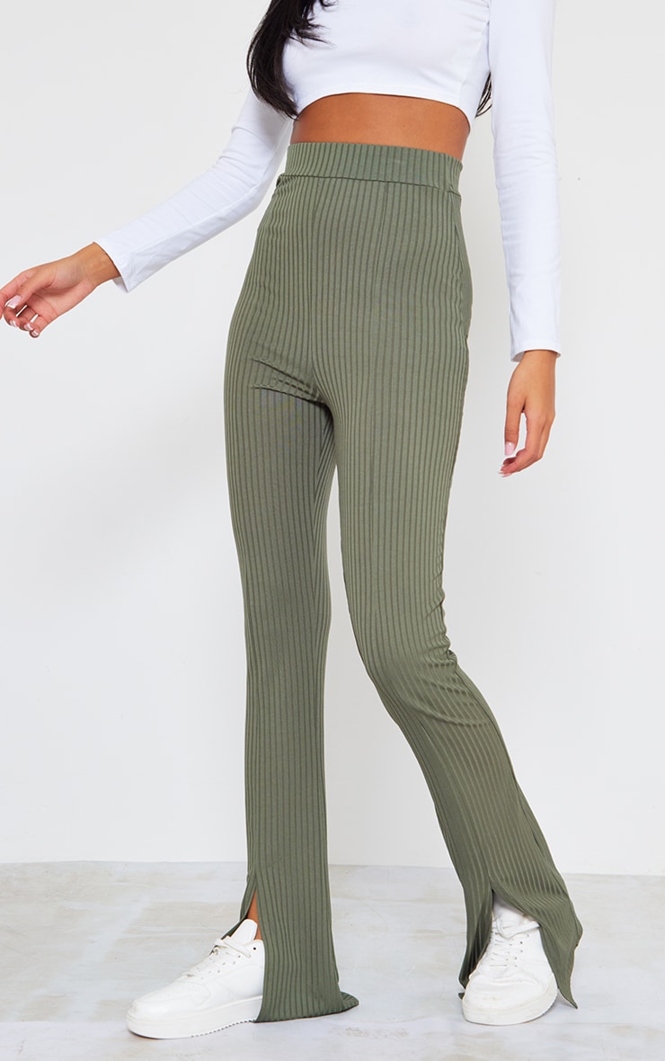 Tall Khaki Rib Split Hem Flared Trousers PrettyLittleThing