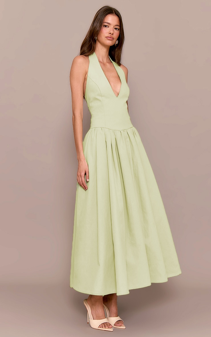 Sage Green Halterneck Tie Detail Ruched Midaxi Dress image 3