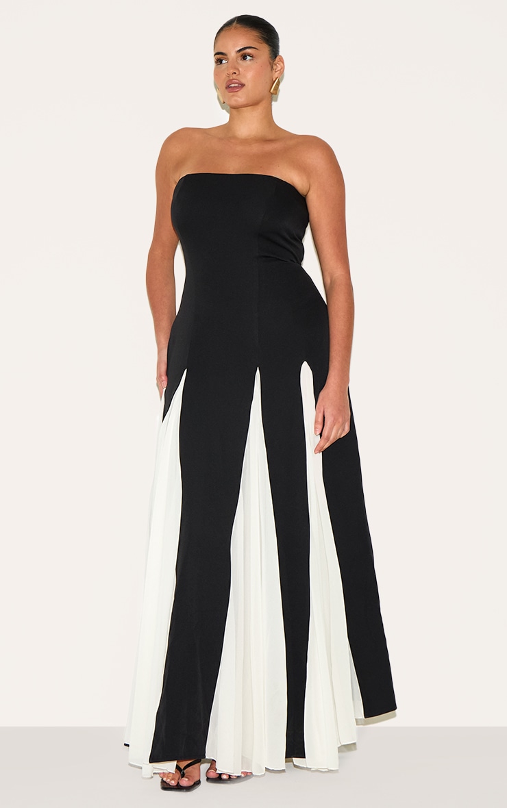 Plus Robe bustier longue noire plissée à partie en mousseline de soie contrastante image 3