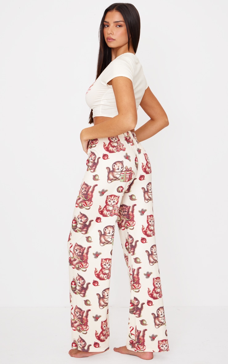 Cream Christmas Cat Print Long Pj Set image 2